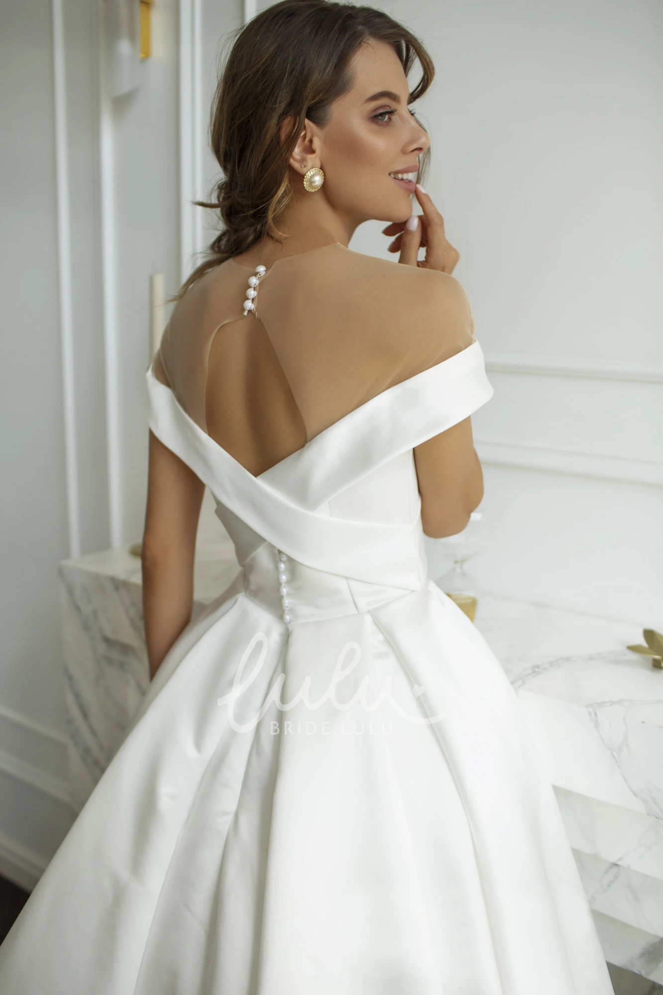 Satin Off-the-Shoulder Wedding Dress with Illusion Keyhole Back and Criss Cross + Classy Bridal Gown