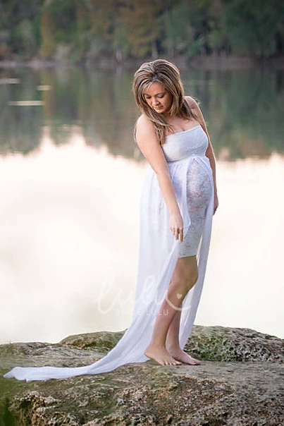 A-line Chiffon Lace Maternity Wedding Dress with Split Front Cape