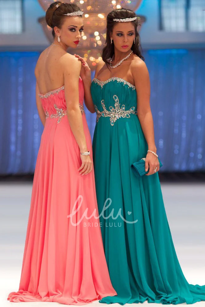 A-Line Ruched Sweetheart Chiffon Prom Dress With Beading Long Flowy Dress