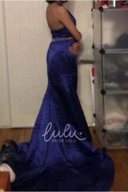 Two Piece Satin Mermaid Trumpet Halter Prom Dress Sweep Brush Train