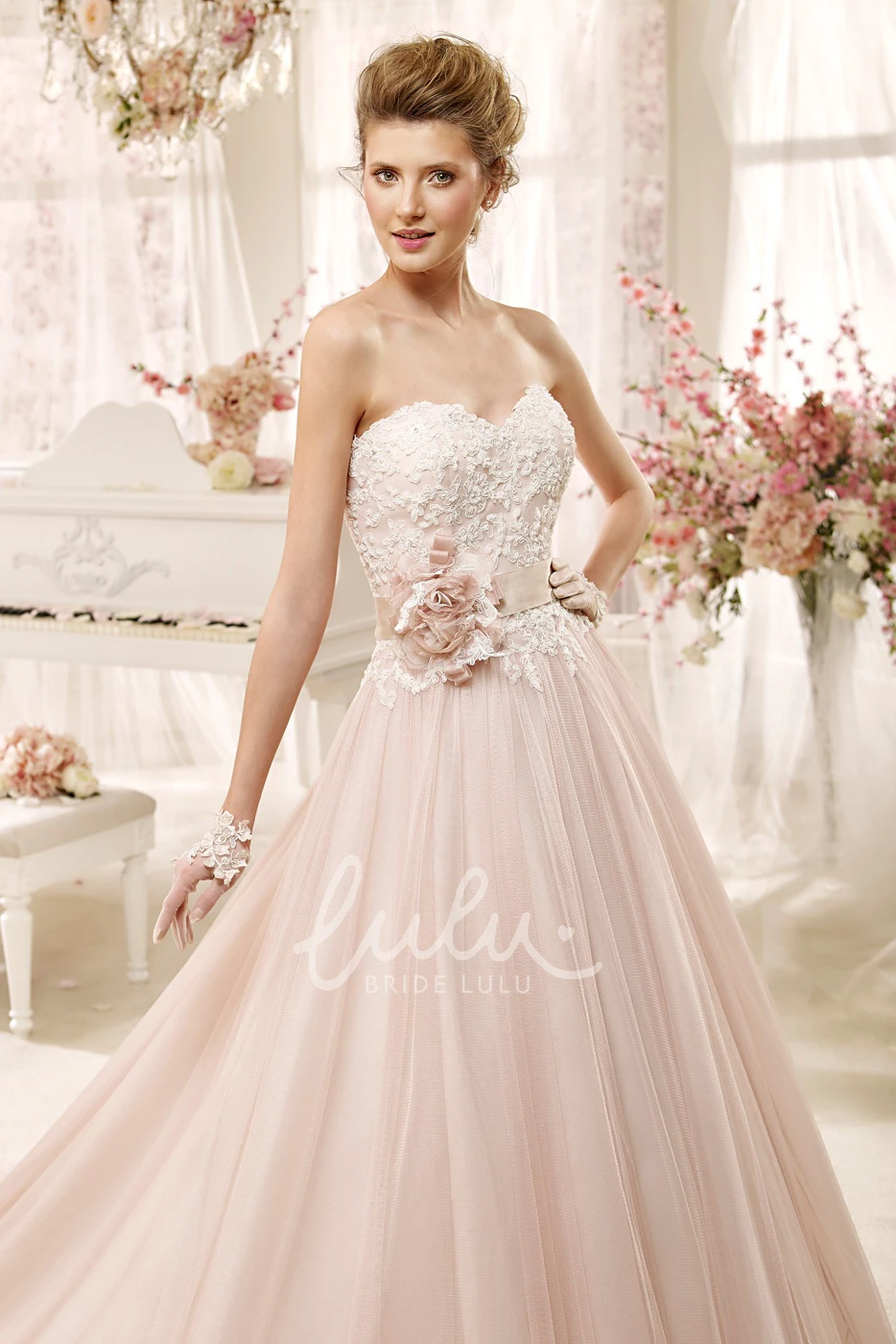 Lovely Strapless A-line Wedding Dress with Flower Sash & Pleated Skirt Classy Strapless A-line Wedding Dress