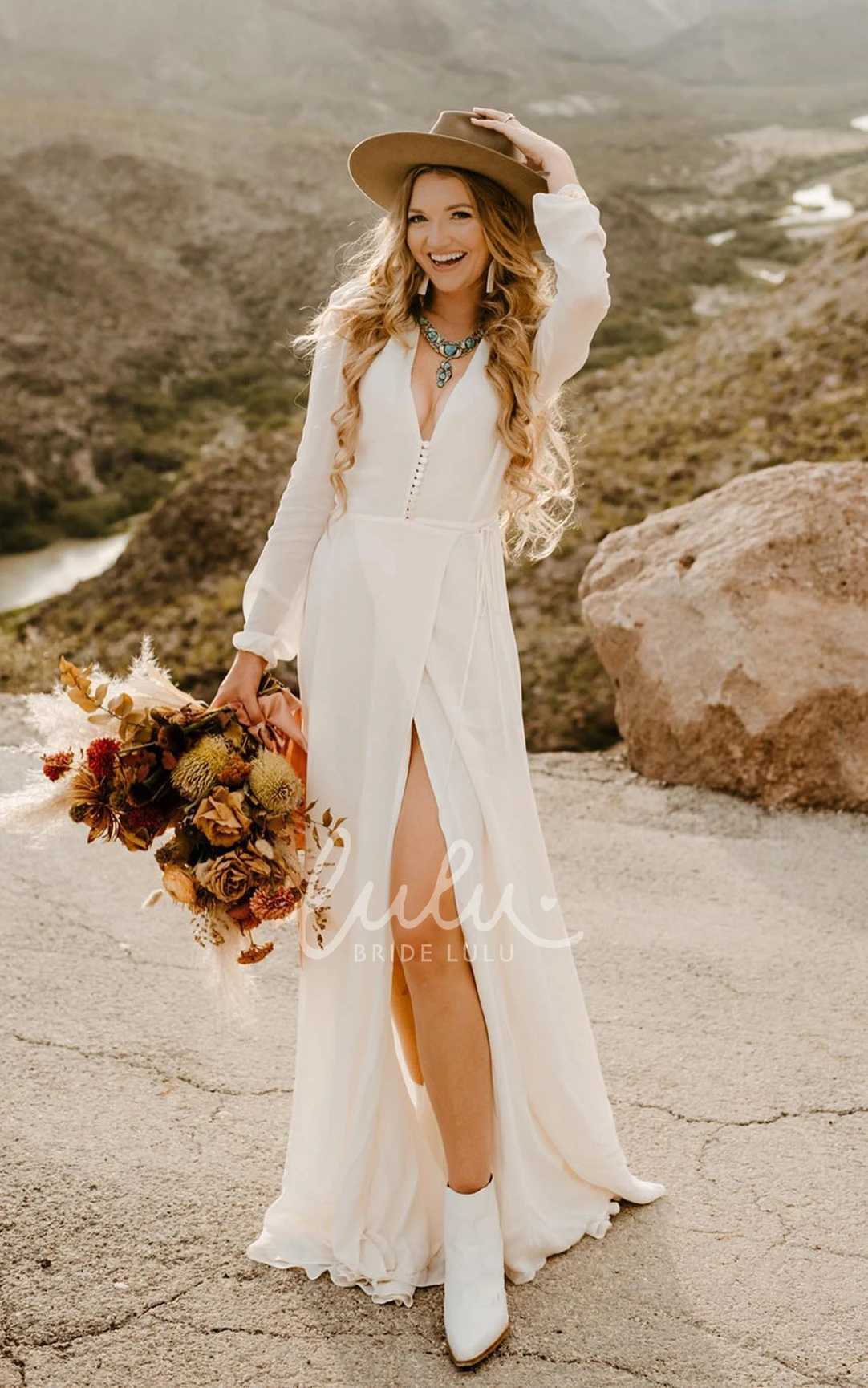 Bohemian A-Line Wedding Dress V-neck Chiffon With Long Sleeve And Button Back