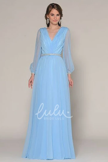 V-Neck Floor-Length Prom Dress with Puff-Sleeve