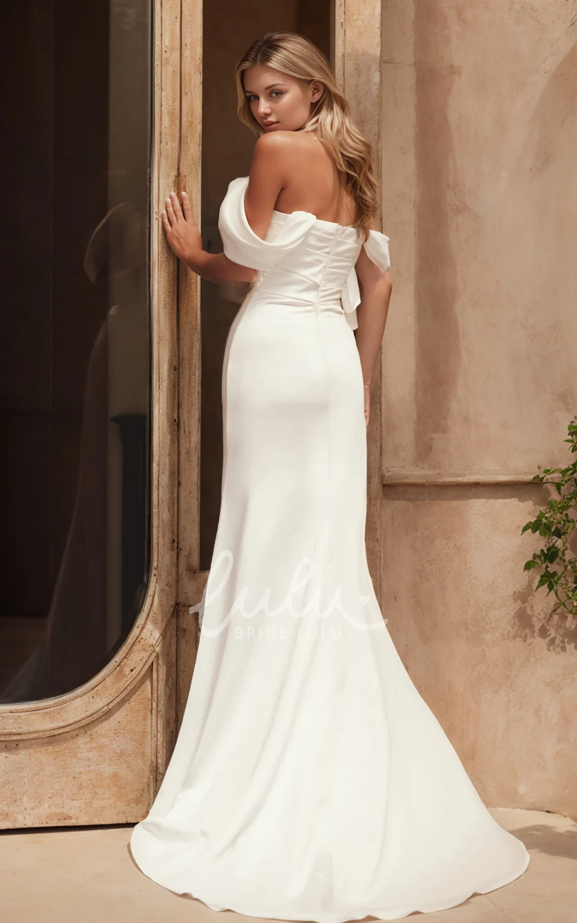 Simple Solid Mermaid Off-the-shoulder Satin Wedding Dress Elegant Ruching Bridal Gown with Train