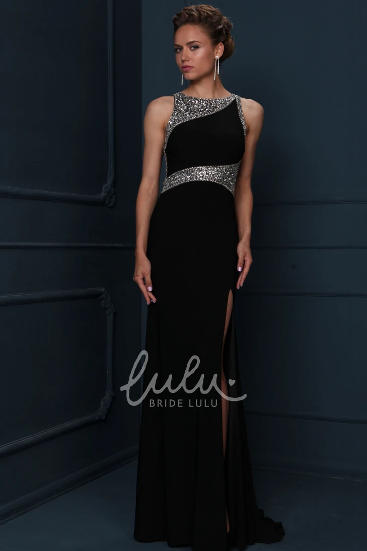 Scoop-Neck Beaded Jersey Evening Dress with Split Front in Sheath Style and Sleeveless