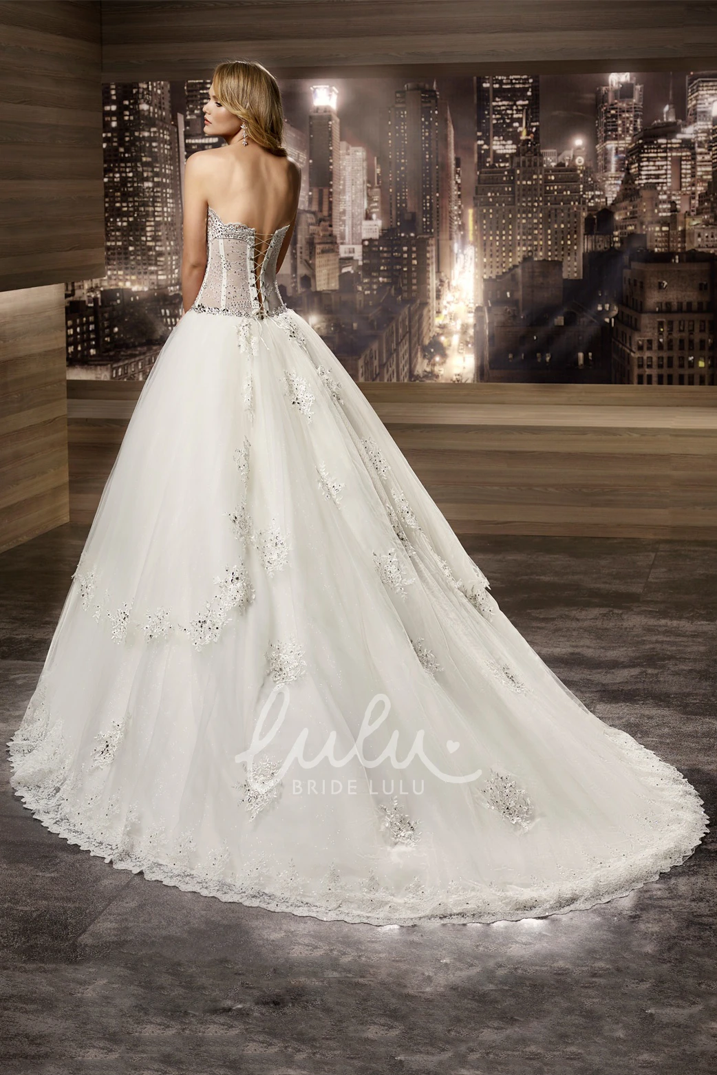 Beaded Illusion Corset A-Line Wedding Dress with V-Waist and Tiered Skirt