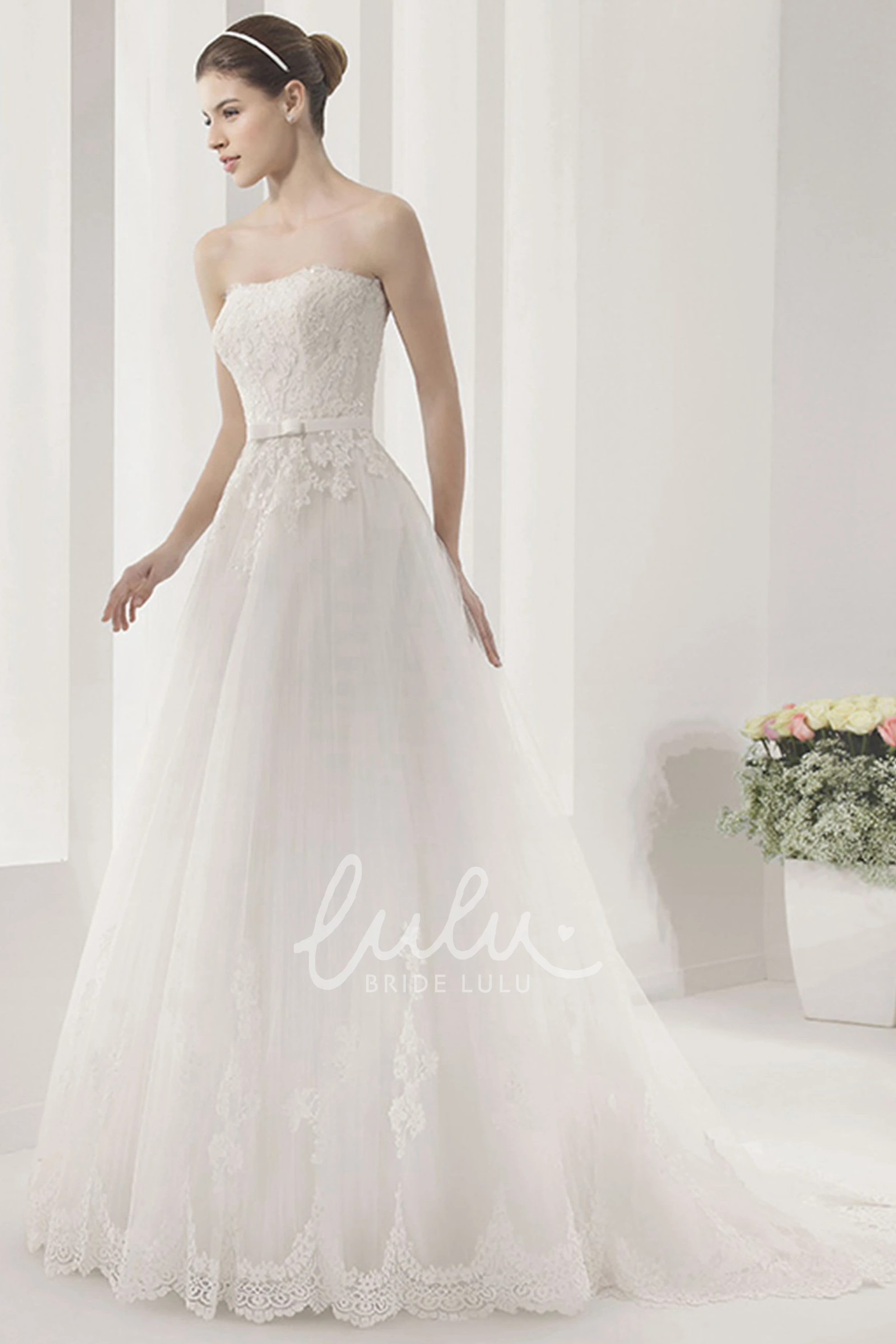 Tulle Strapless Ball Gown with Lace and Belt Simple Wedding Dress