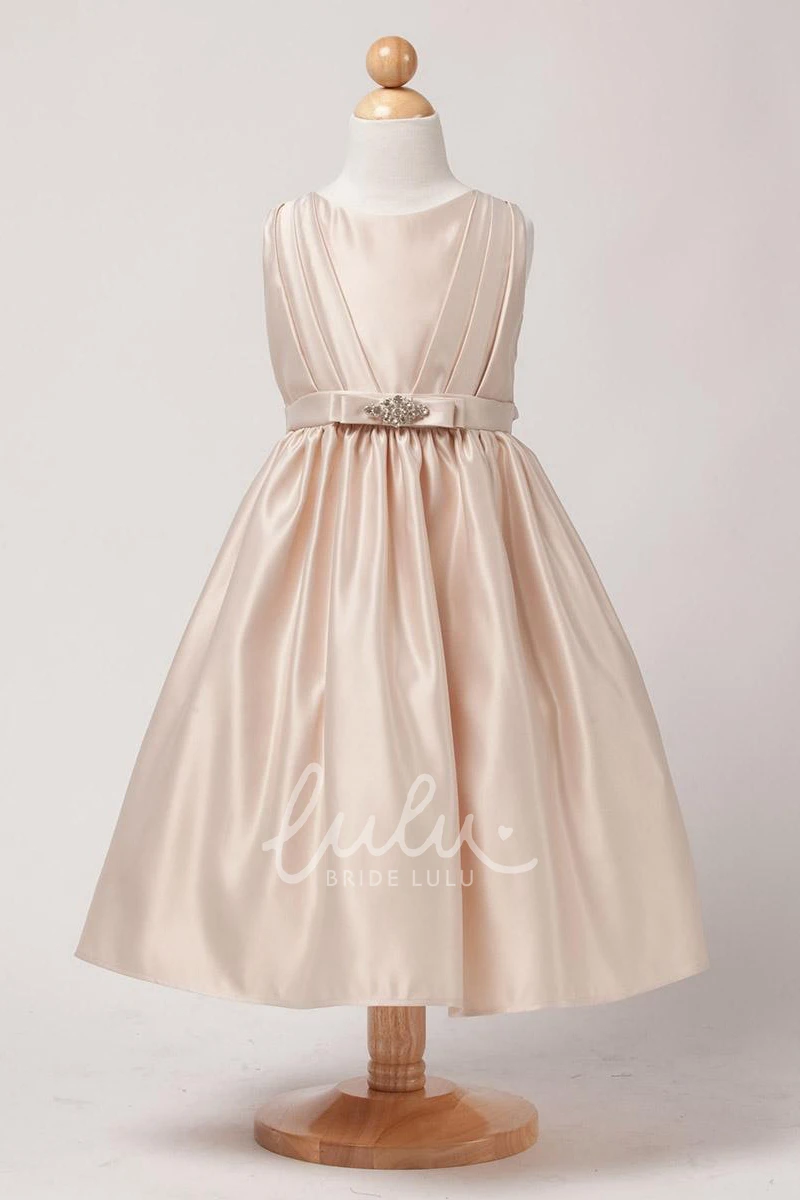 Satin Flower Girl Dress with Beaded Pleats and Tiered Skirt