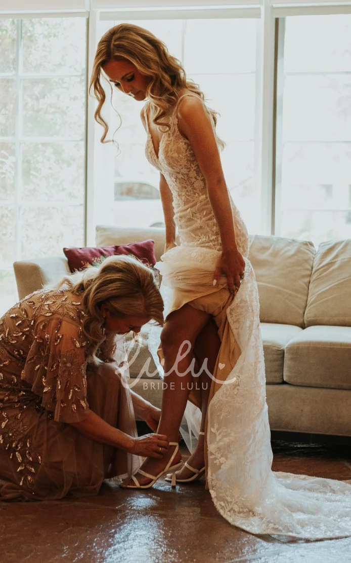 Lace Mermaid Wedding Dress with V-neck and Sweep Train Elegant Wedding Dress with Lace and Mermaid Silhouette