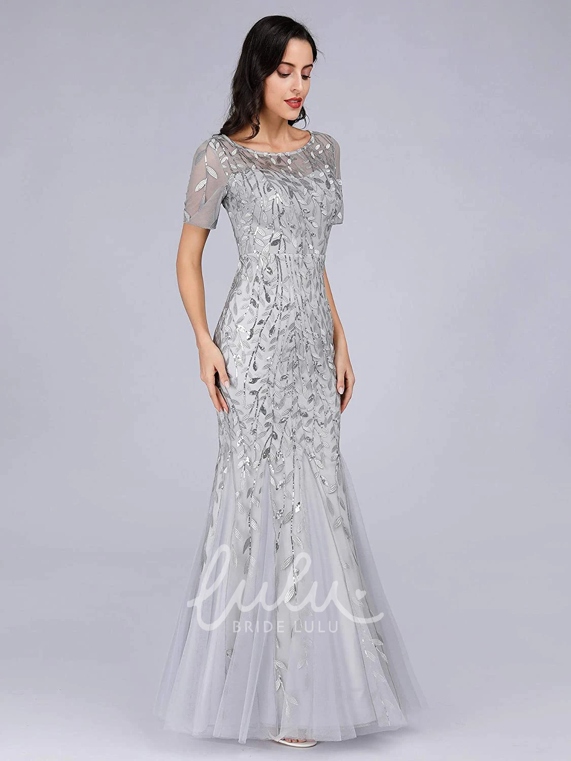 Sequin Trumpet Illusion Prom Dress with Short Sleeves and Pleats