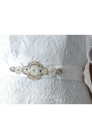 Sheath Wedding Dress with Sweetheart Neckline Lace and Pearl Satin Sash