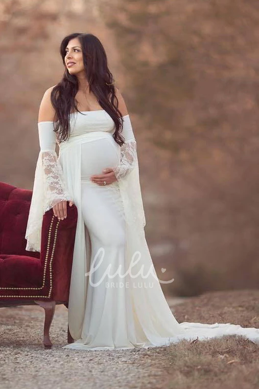 Empire Short Sleeve Maternity Dress with Court Train in Sheath Style