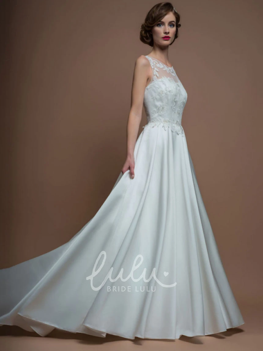 Satin A-Line Wedding Dress with Illusion Back and Brush Train