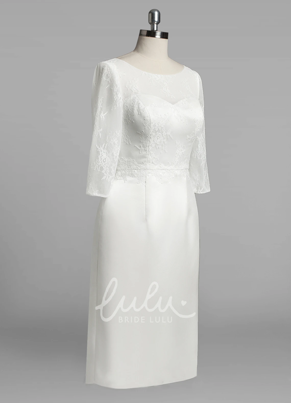 Satin Sheath Wedding Dress with Lace Bodice and 3/4 Sleeves