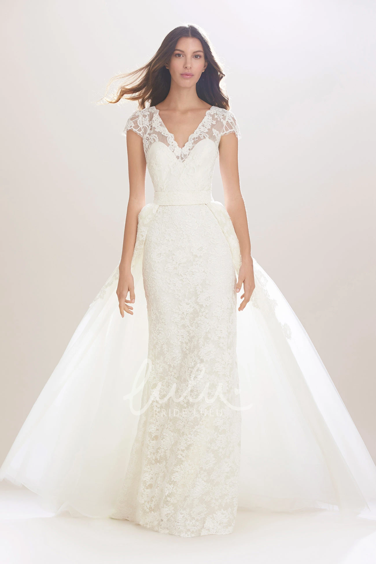 Illusion Cap-Sleeve Lace Wedding Dress with Ribbon Sheath Style for Brides