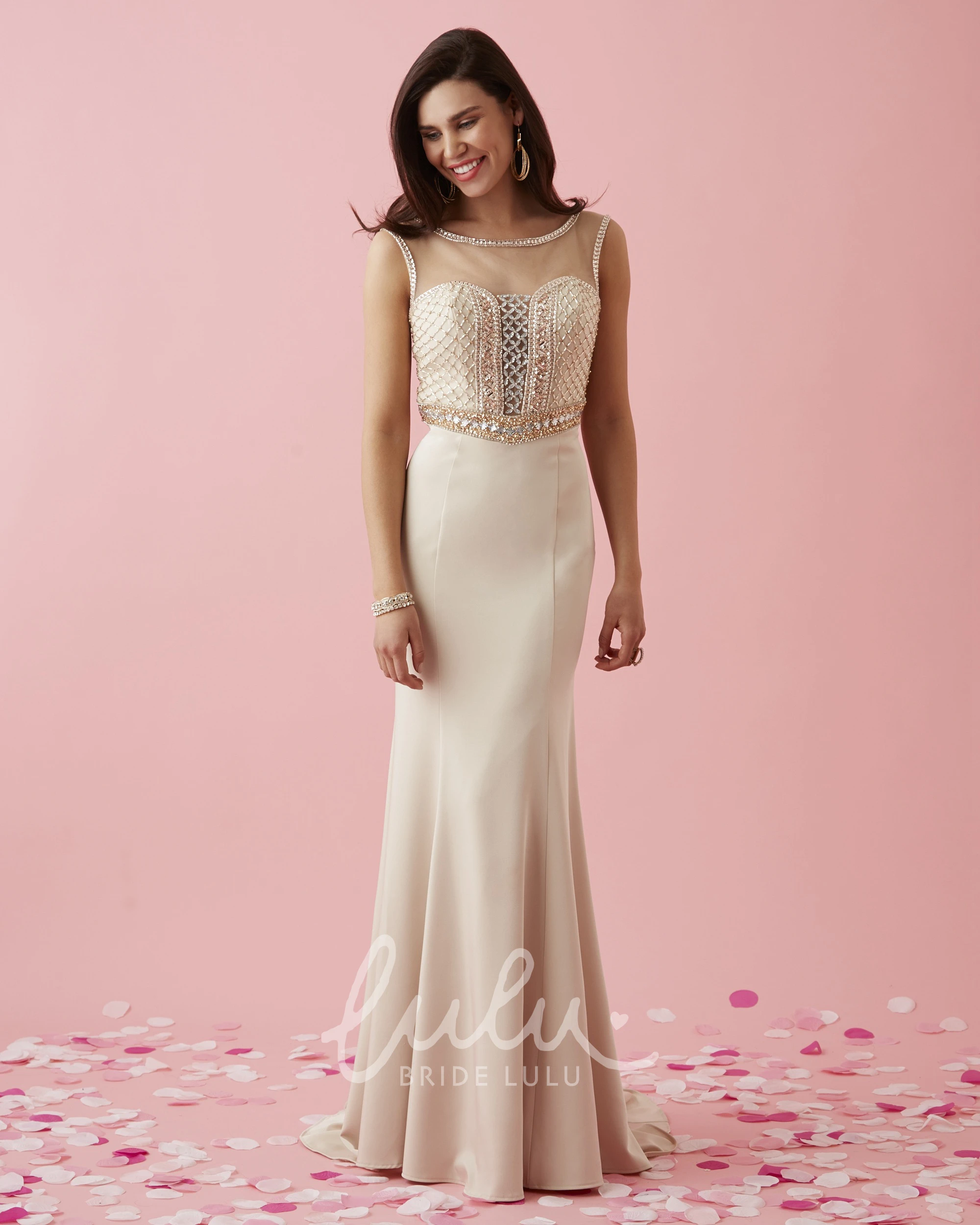 Illusion Sheath Jersey Prom Dress with Scoop-Neck and Beading