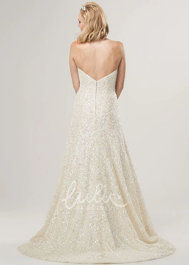 A-Line Sequin Strapless Sleeveless Wedding Dress Long and Elegant