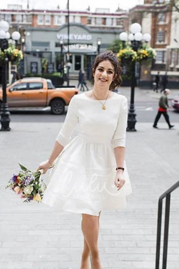 Knee Length Satin Wedding Dress with Bateau Neckline and Ruching Elegant Bridal Gown