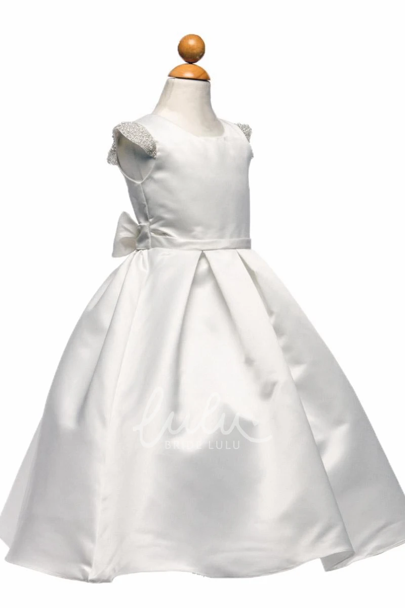 Pleated Cap-Sleeve Satin Tea-Length Flower Girl Dress with Elegant Design