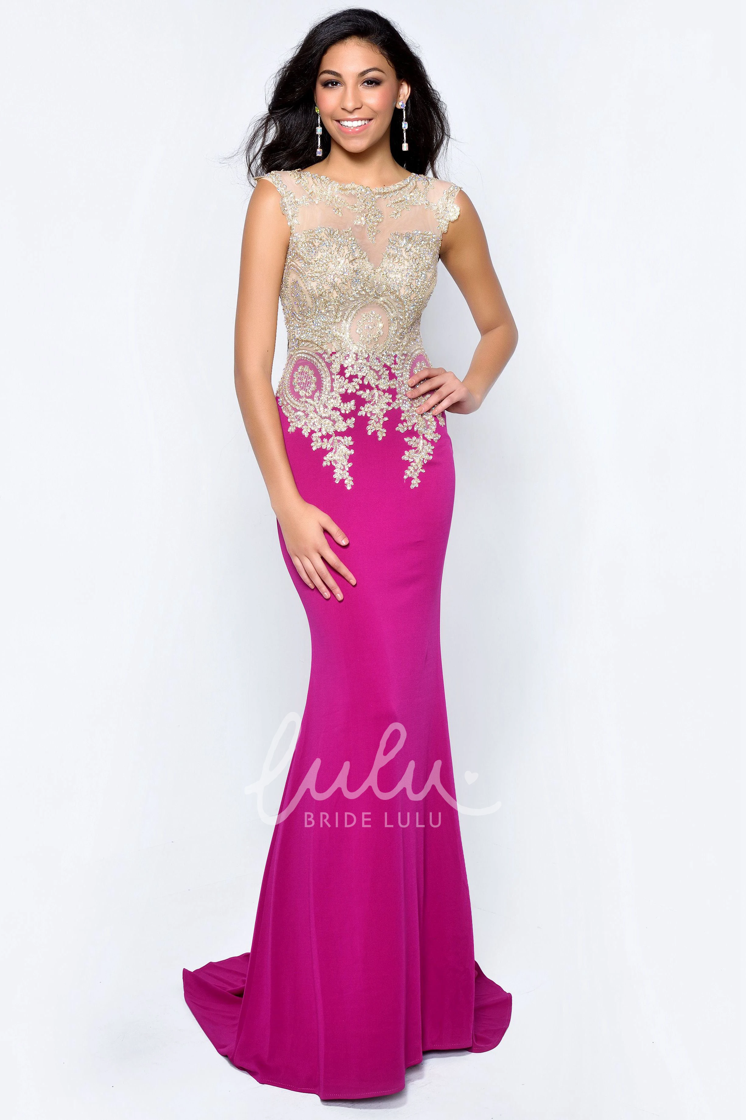 Long Sleeveless Formal Dress with Scoop-Neck and Jersey Illusion Beading