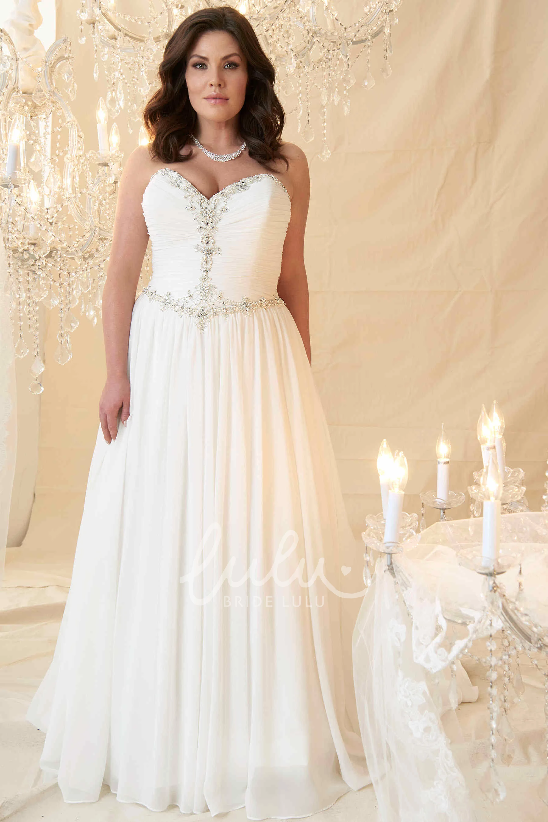 Plus Size Sweetheart Beaded Chiffon Wedding Dress with Ruching Sheath Style