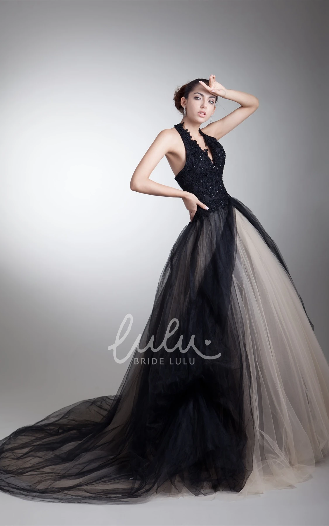 Halter Sleeveless Ball Gown Tulle Wedding Dress with Appliques Plunged Tulle Ball Gown Wedding Dress with Halter Neckline and Appliques