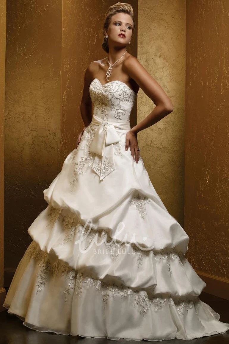 Satin Ball Gown Wedding Dress Sweetheart Pick-Up Embroidery Tiers