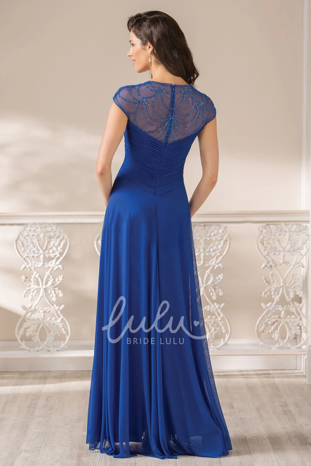 Illusion Beaded Back Cap-Sleeved A-Line Mother Of The Bride Dress