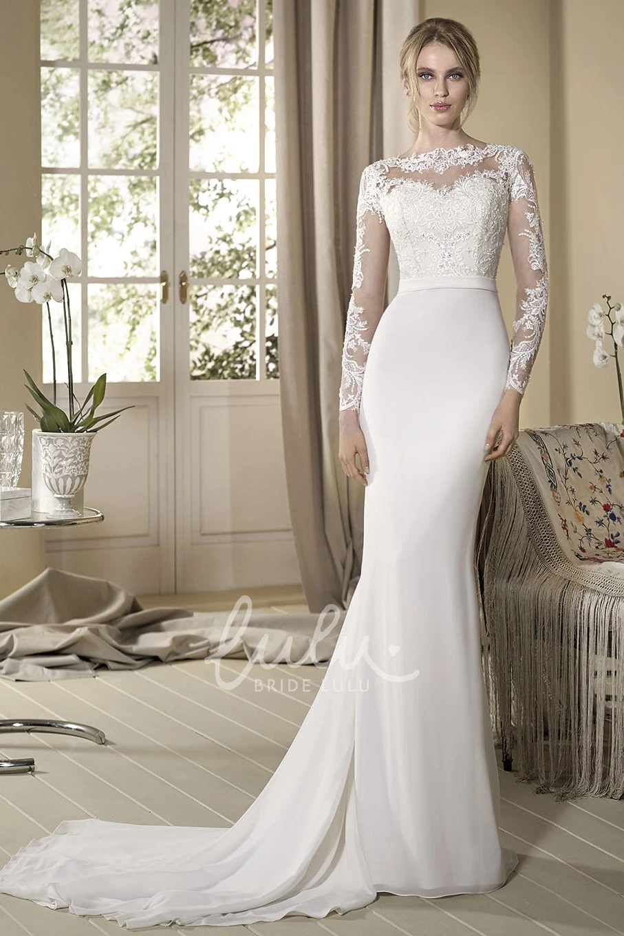 Floor-Length Sheath Jersey&Lace Long-Sleeve Wedding Dress Unique Bridal Gown