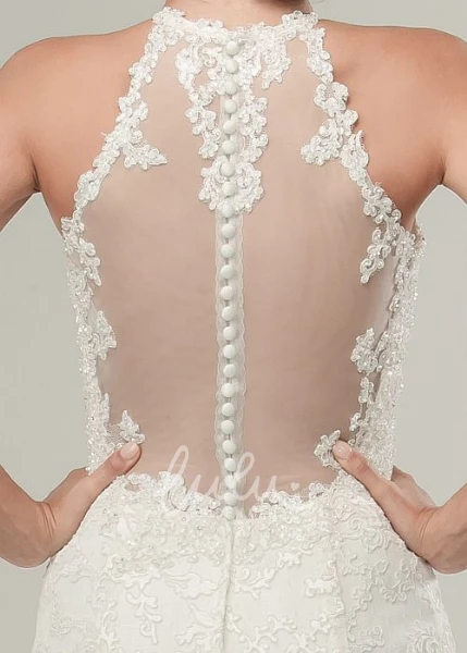 Illusion Long Lace Wedding Dress with High Neck & Sweep Train