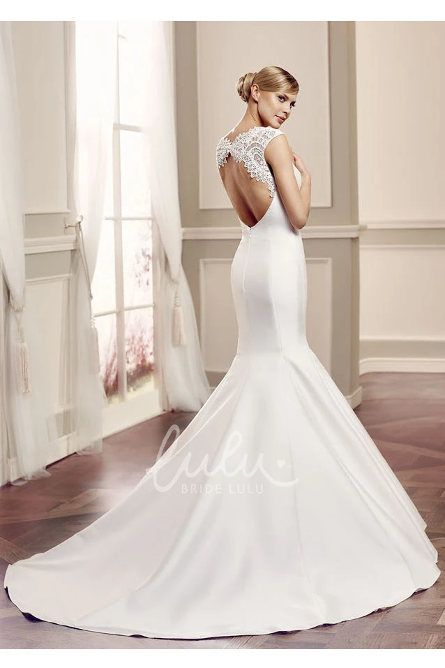 Cap-Sleeve Lace Satin Wedding Dress with Keyhole and Court Train Scoop Neck