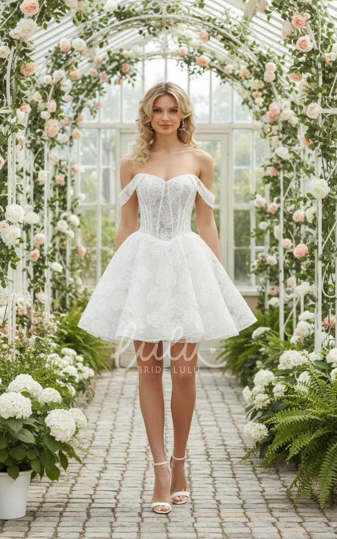 Adorable Short Mini A-Line Floral Lace Wedding Dress Romantic Off-the-Shoulder Puffy Beach Bridal Gown