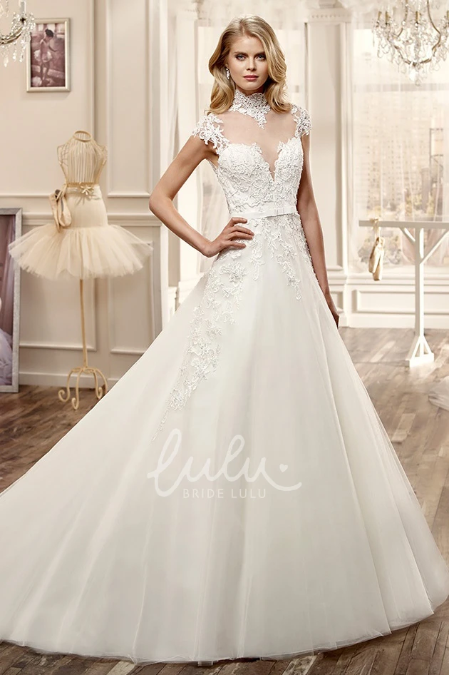 A-Line Wedding Dress with High Neck Appliques and Illusive Neckline/Back