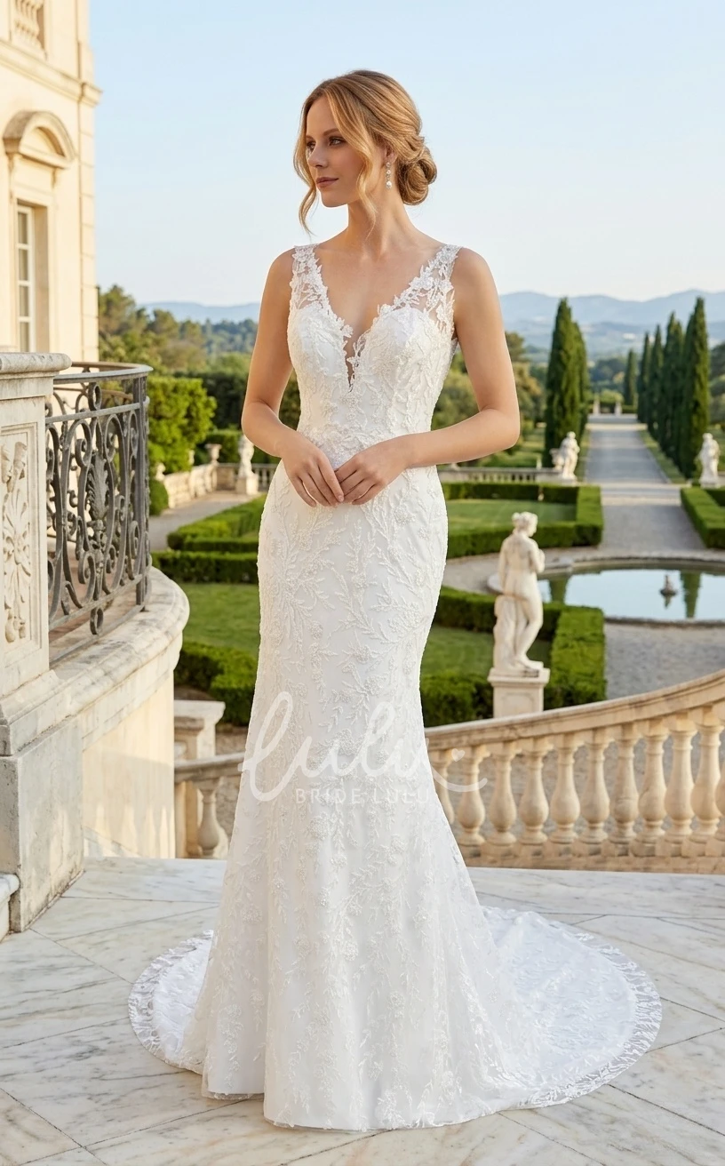 Elegant Beach Mermaid Plunging Boho Lace Spring Wedding Dress Modern Garden Sleeveless Backless Appliques Bridal Gown with Train