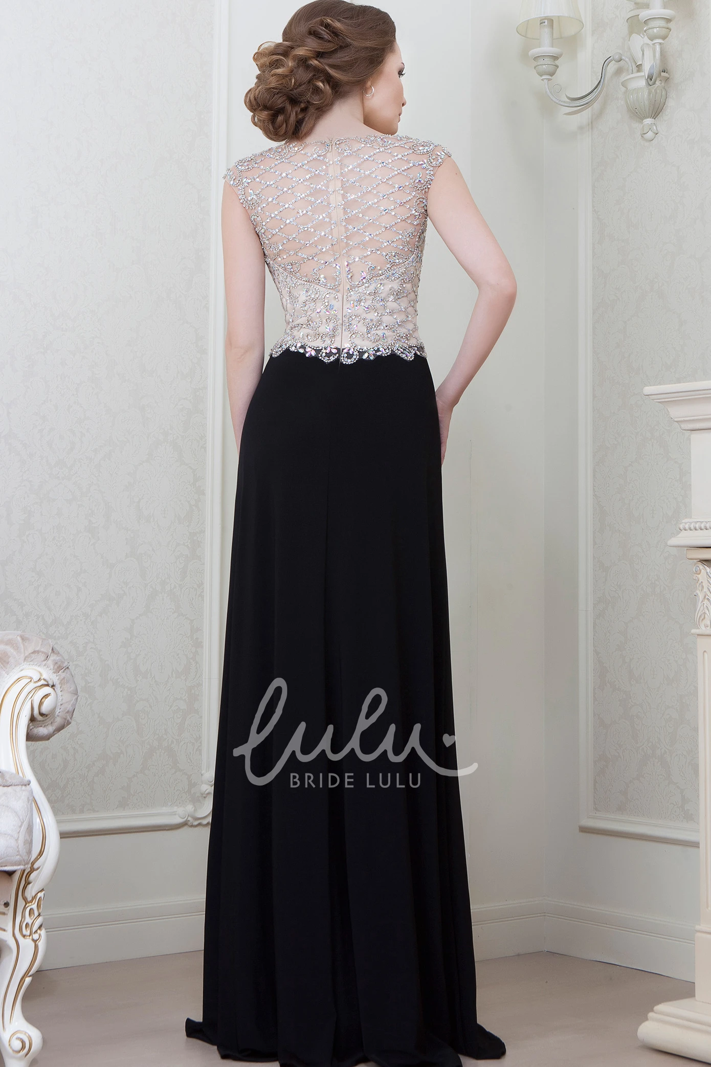 Beaded Cap-Sleeve A-Line Floor-Length Evening Dress Classy Prom Dress