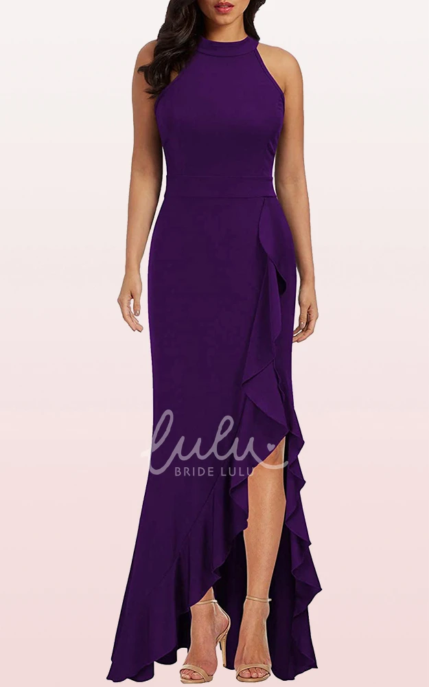 Halter Sheath Sleeveless Formal Guest Dress with Ruffles Elegant Split Front Jersey
