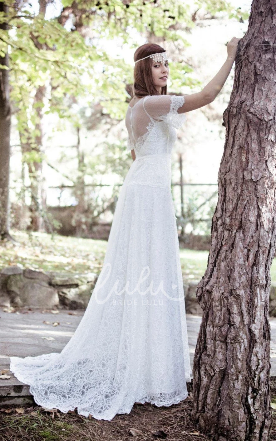 Illusion Back Lace Wedding Dress with Short Bell Sleeves and Sash Boho Bridal Gown