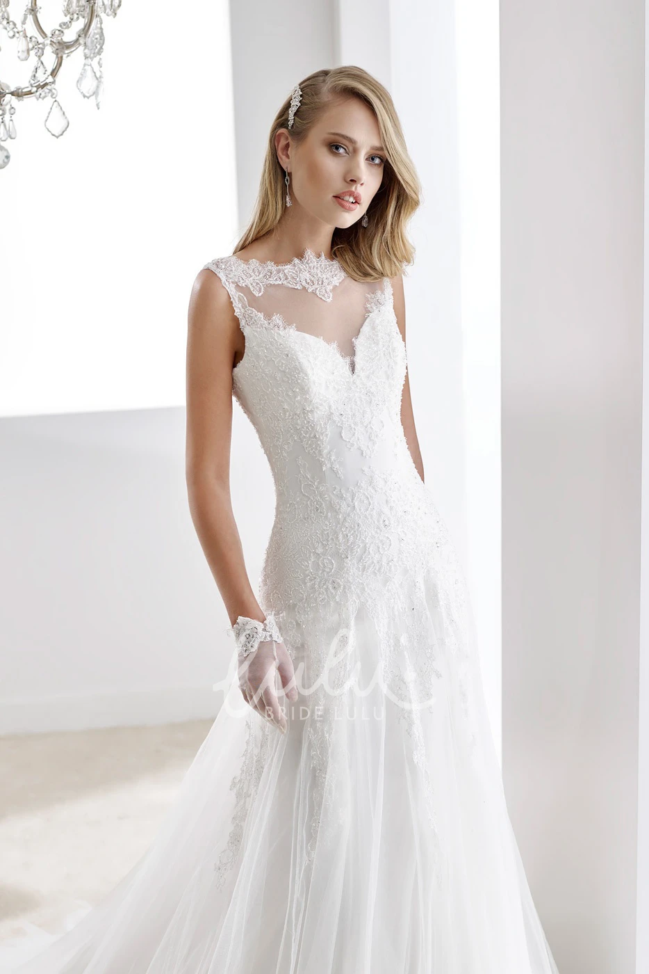 Sheath Lace Wedding Gown with V-Neck Beaded Details and Open Back