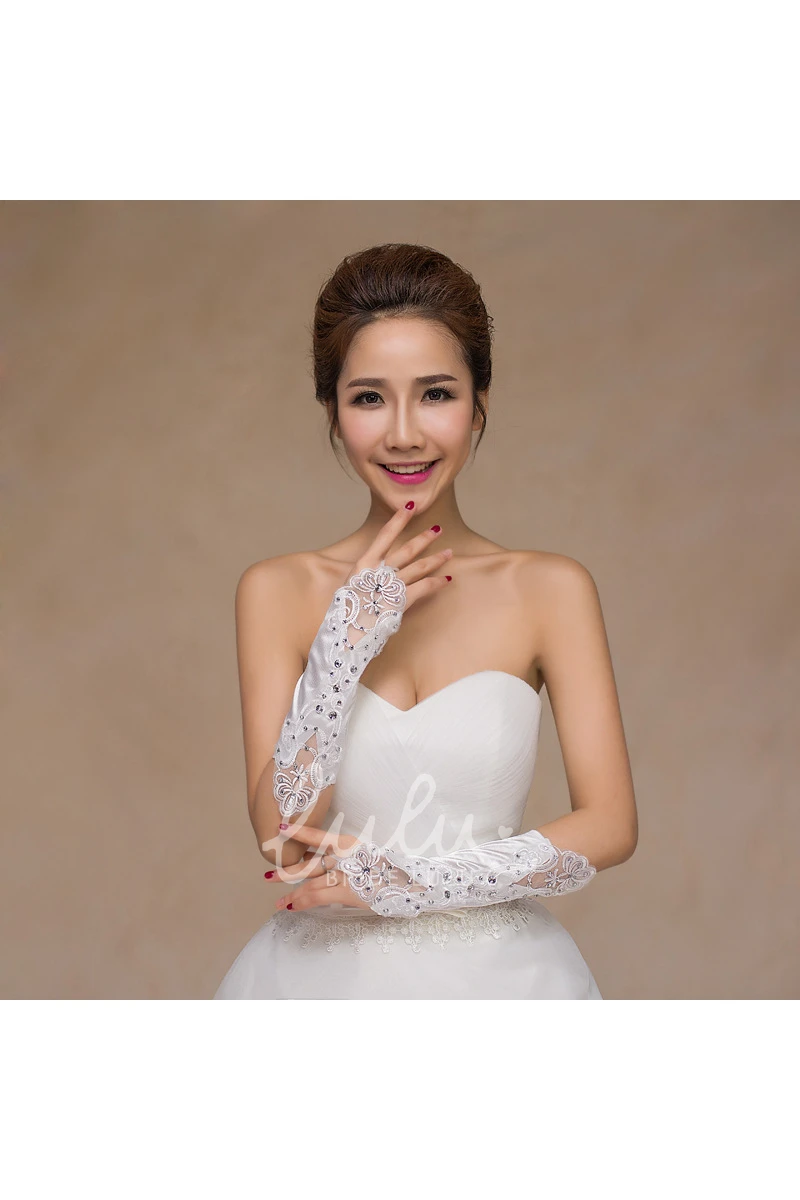 Elegant Satin Mesh Embroidered Wedding Dress Gloves Diamond Hollow