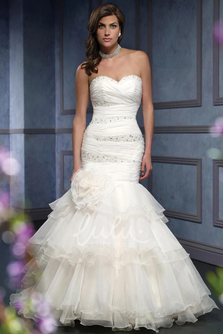 Organza Wedding Dress with Flower Trumpet Beaded Sweetheart Long