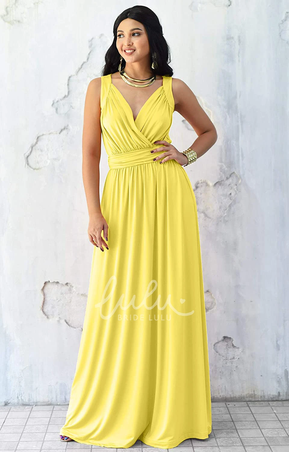 Sleeveless V-neck Chiffon A-line Bridesmaid Dress with Ruching Sexy