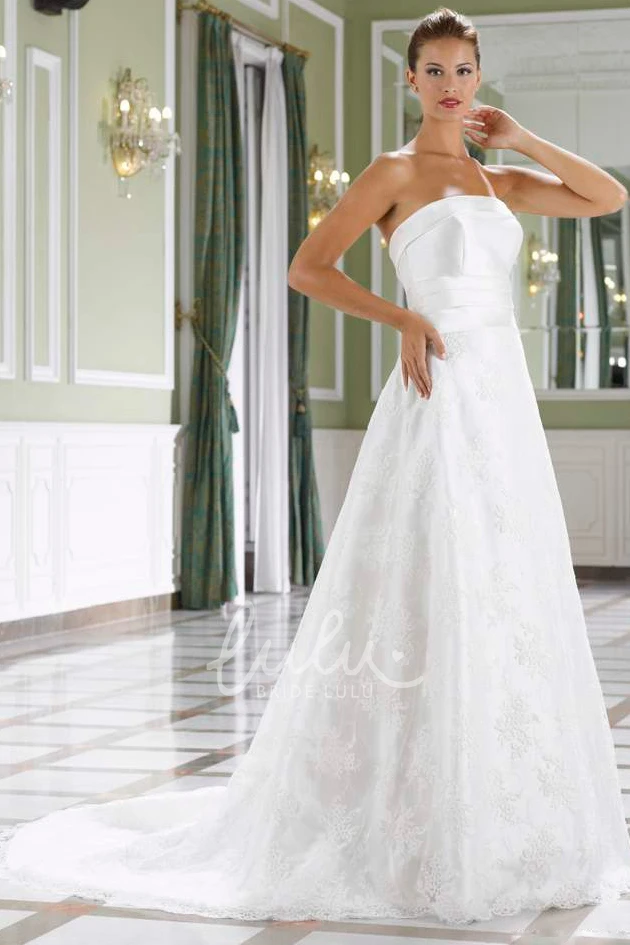 Strapless Satin&Lace A-Line Wedding Dress with Court Train and Backless Style