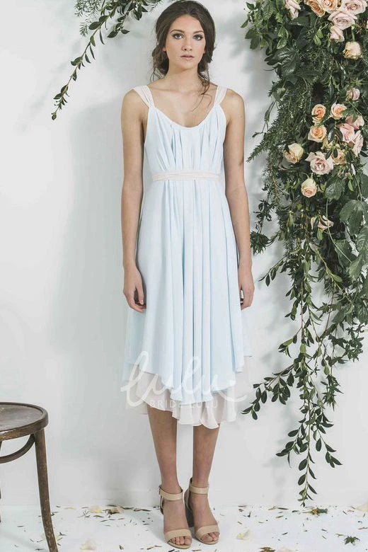 V-Neck Pleated Chiffon Bridesmaid Dress Tea-Length Sleeveless