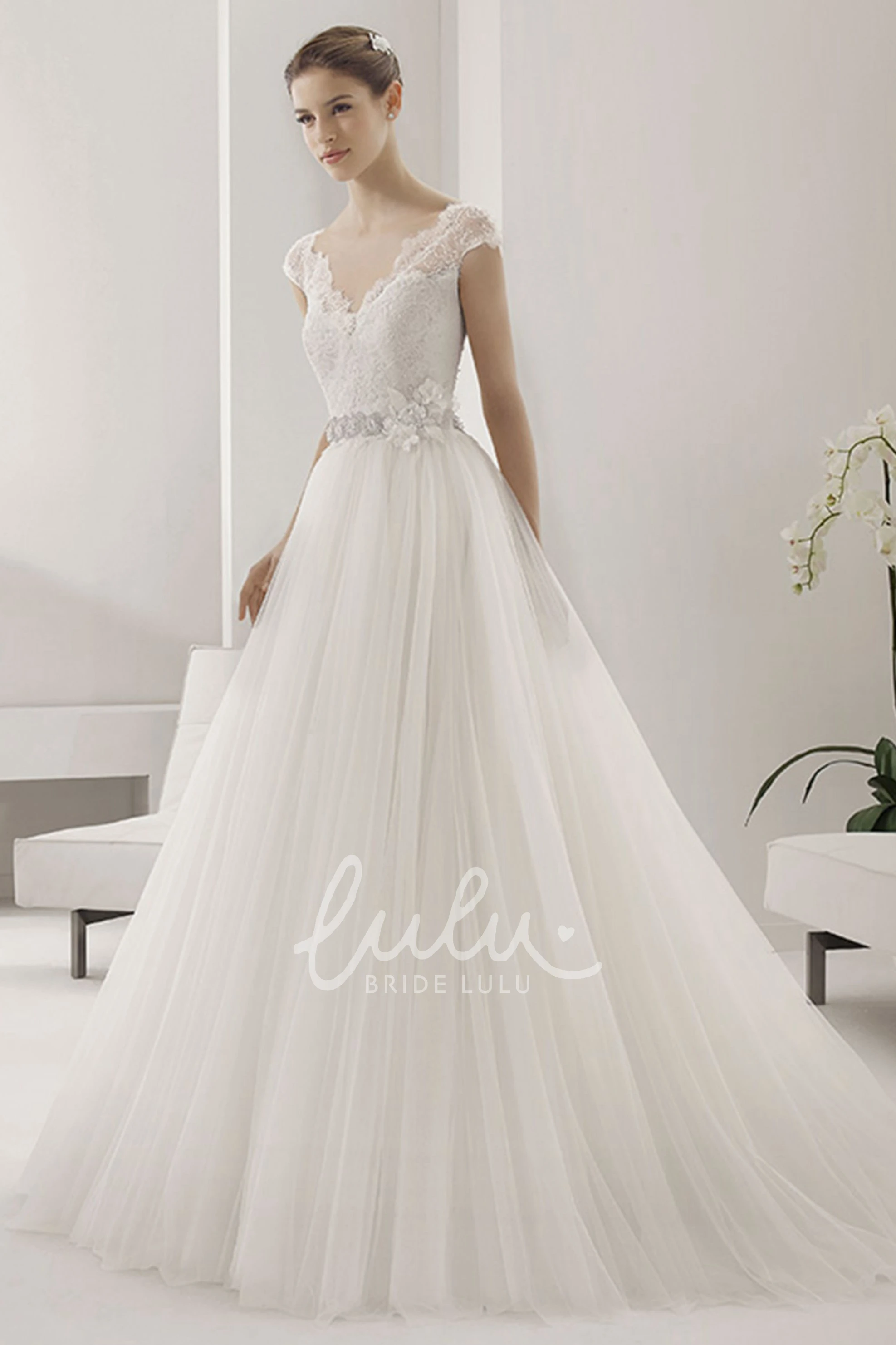 Cap Sleeve Tulle Ball Gown with Beading Floral Waist Chic Bridesmaid Dress