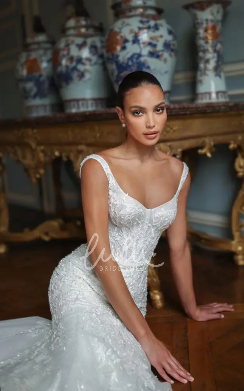 V-neck Lace Beach Wedding Dress with Mermaid Silhouette and Open Back Elegant and Chic