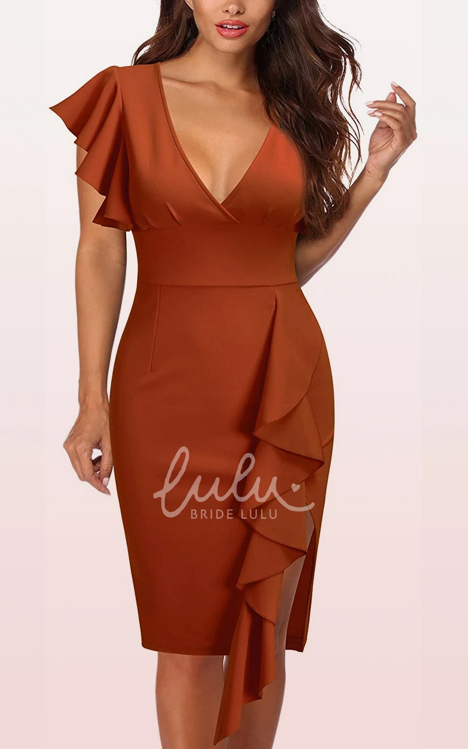 Short Sleeve Taffeta Ruffle Pencil Formal Dress with Modern Zipper