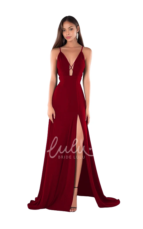 High-end Plunging Neck Satin Bridesmaid Dress A-Line Split Front Elegant