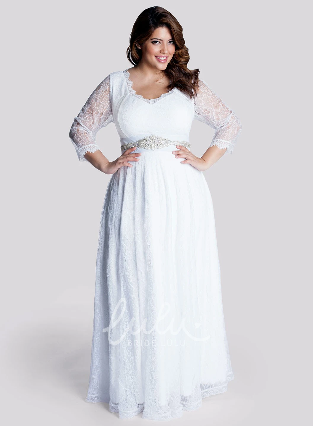 A-Line Lace V-Neck Wedding Dress with Long Sleeves and Jeweled Waist
