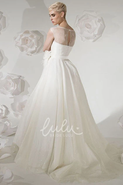 Illusion Flower Tulle Wedding Dress Ball Gown with Bateau-Neckline