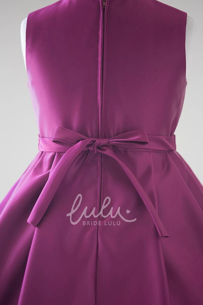 Beaded Satin Flower Girl Dress Split Knee-Length Ribbon Bowed